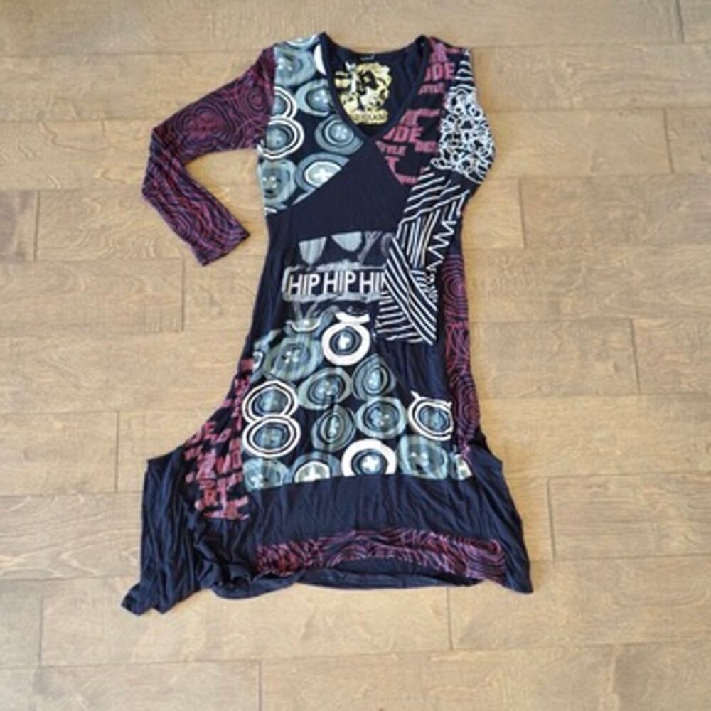 Desigual Long Sleeve V Neck Pullover Midi Dress Multicolor Womens Size Large